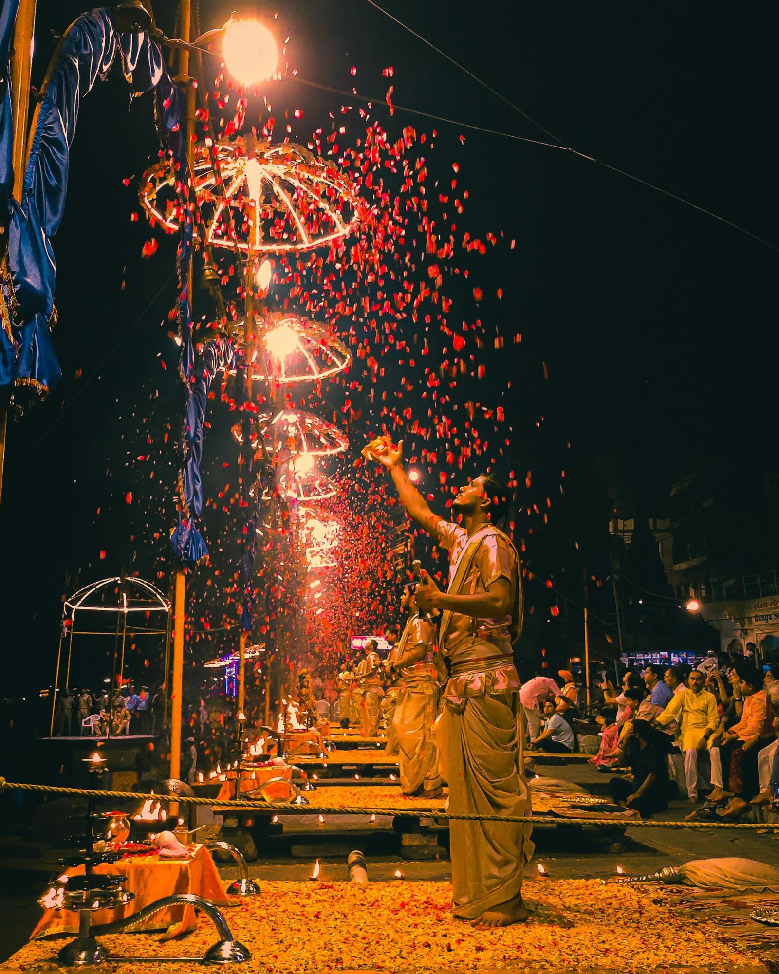 Beautiful ghats of Varanasi with evening aarti and colorful reflections on the Ganges