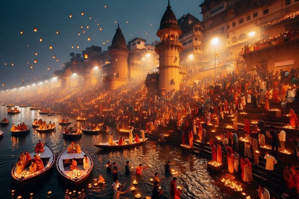 Decorated ghats of Varanasi glowing with thousands of oil lamps on the night of Dev Diwali