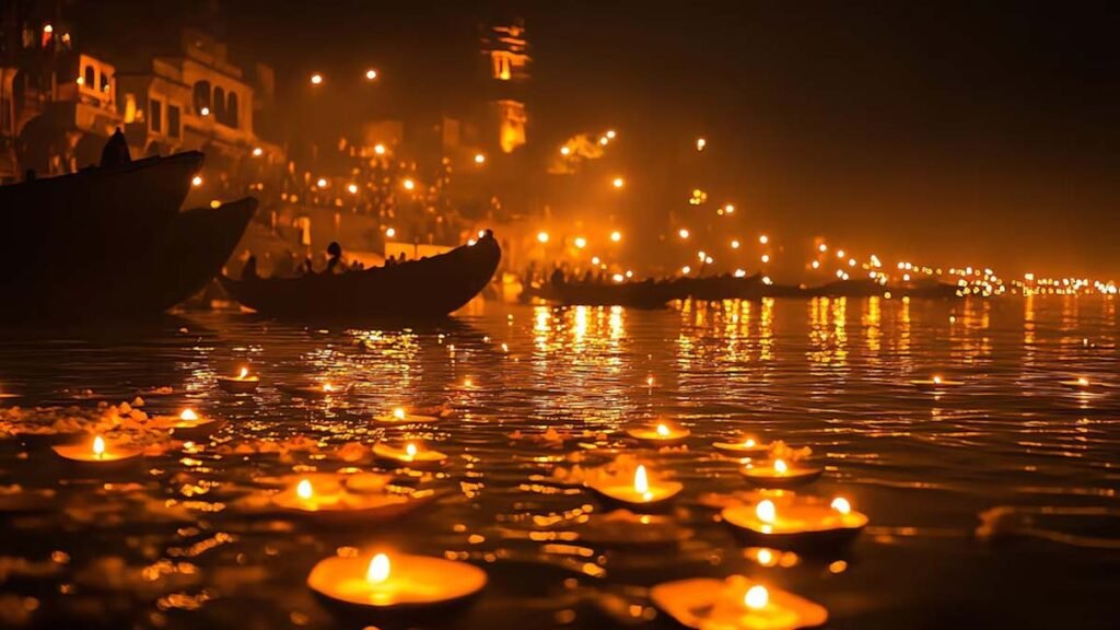 Decorated ghats of Varanasi glowing with thousands of oil lamps on the night of Dev Diwali